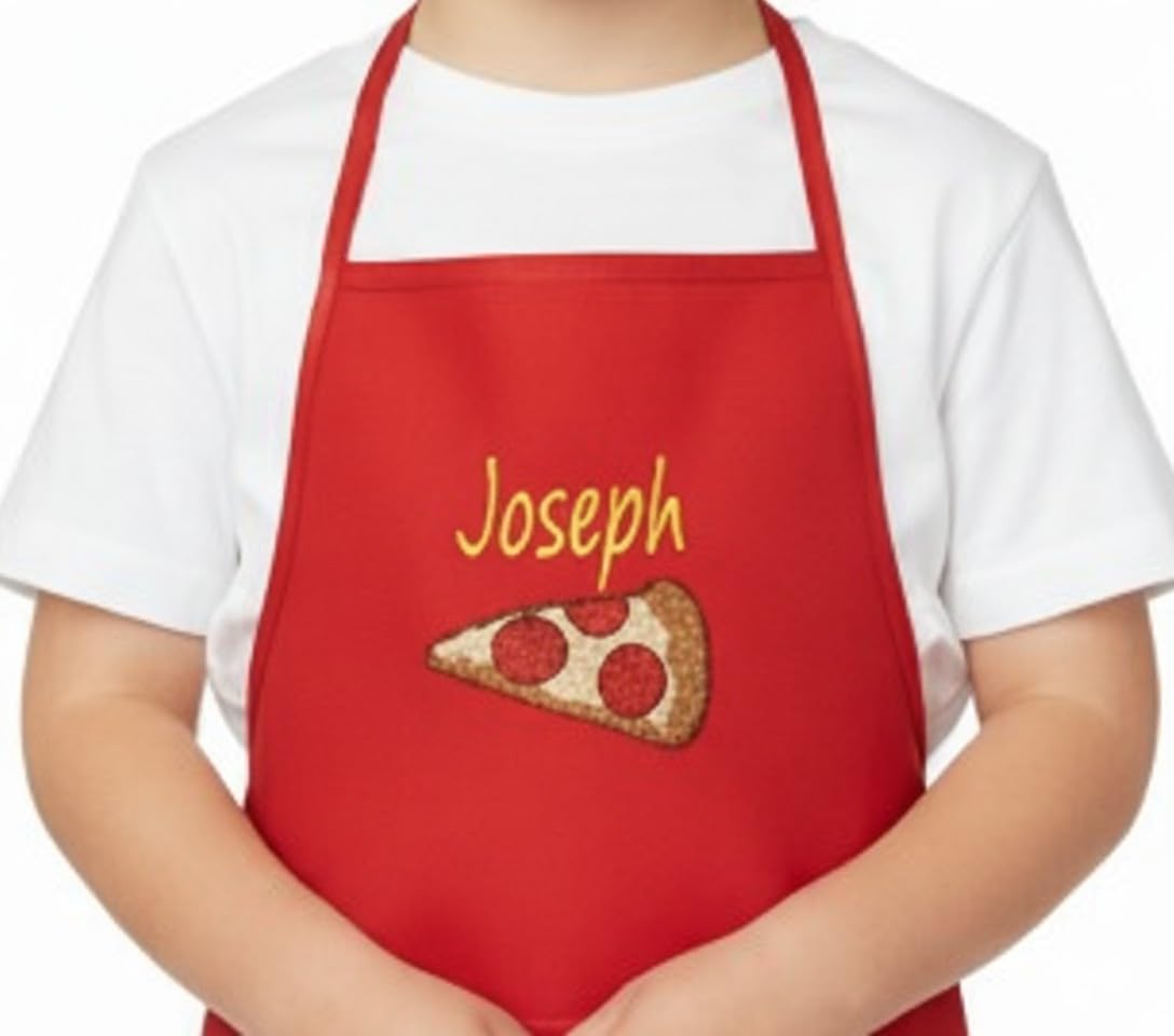 Personalized Kids Apron with Embroidered Name - Pizza Design | Ages 3-11 & Adult